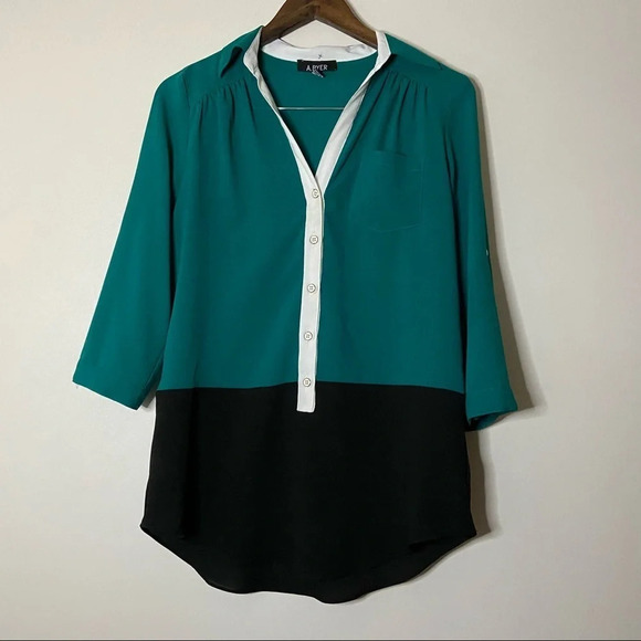 Colorblock Top Tunic Style Blouse Button Shirt Size Large Green Black 3/4 Sleeve - Picture 8 of 8